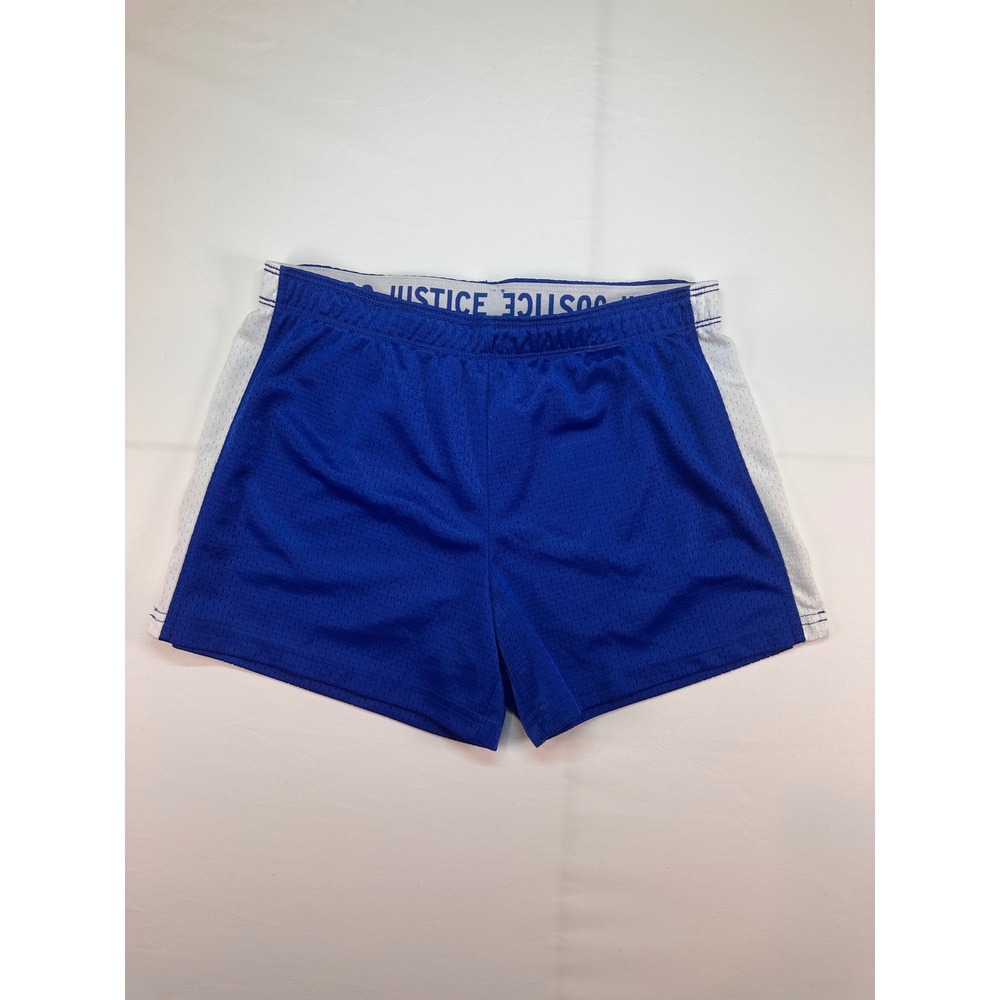 Justice Girls Blue Mesh Athletic Shorts White Side Stripe Logo Waistband Size 14